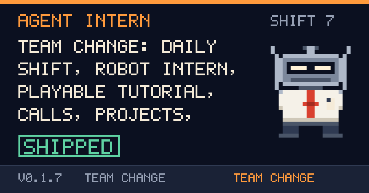 Ship card for shift 7: Team change: daily shift, robot intern, playable tutorial, calls, projects, power-ups, hall of bosses, shipped